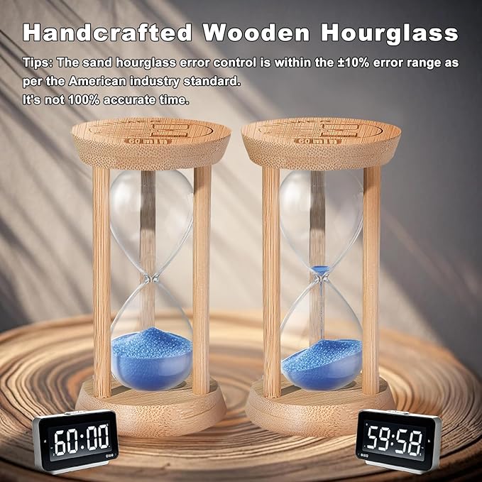 60 Minute Sand Timers, Bamboo Blue Sand Hourglass for Productivity, Meditation & Decor, 60 Min Wooden Reloj De Arena Sandwatch for Kitchen, Office, Yoga, Game, Classroom (Blue)