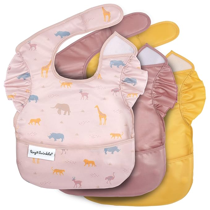 Tiny Twinkle Mess-Proof Baby Bibs for Eating | Waterproof, Wipeable Toddler Bibs with Catch-All Pocket | Feeding Bibs for Girls & Boys(3 Pack,Petite Safari)
