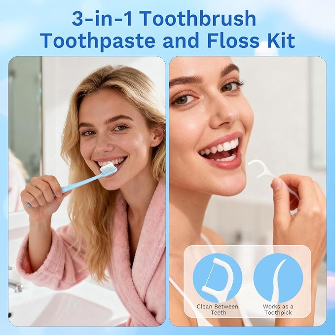 Disposable Toothbrushes with Toothpaste, Travel Toothbrush Kit, Individually Packaged, Light Blue, with Floss Picks, Suitable for Hotel, Home, Camping, Travel (30-Pack)