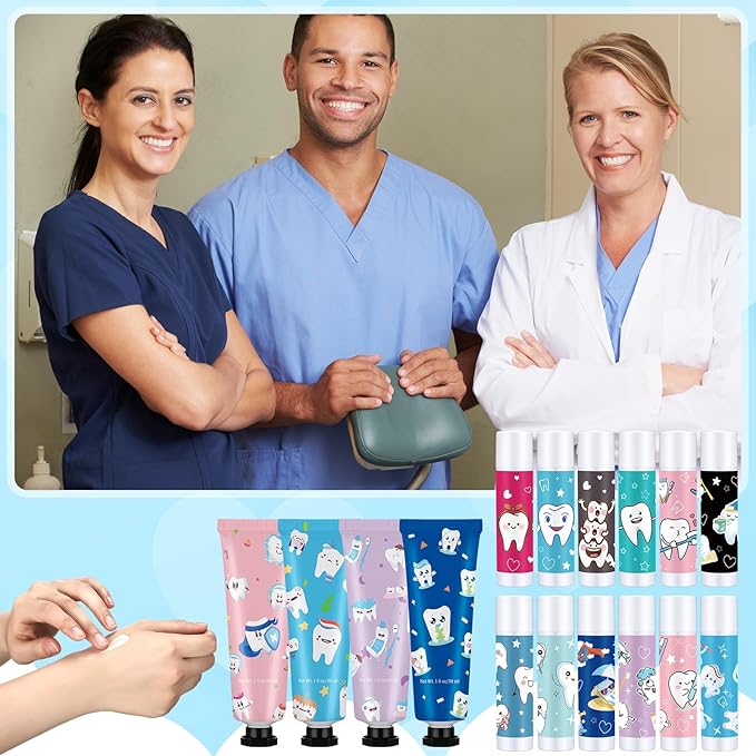 Loopeer 24 Sets Dental Hygiene Gifts Christmas Dental Hygienist Appreciation Gifts Moisturizing Lip Balm Hand Cream Dentist Thank You Gift with Cards Organza Bags for Nurse Week Graduation Birthday