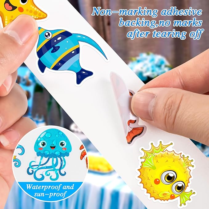 1200 Pcs Ocean Animal Stickers Roll Sea Animal Stickers for Kids Cute Roll Sticker Cartoon Fish Sticker Deals Sea Creature Labels for Teacher Reward School Supplies Incentives (16 Styles)