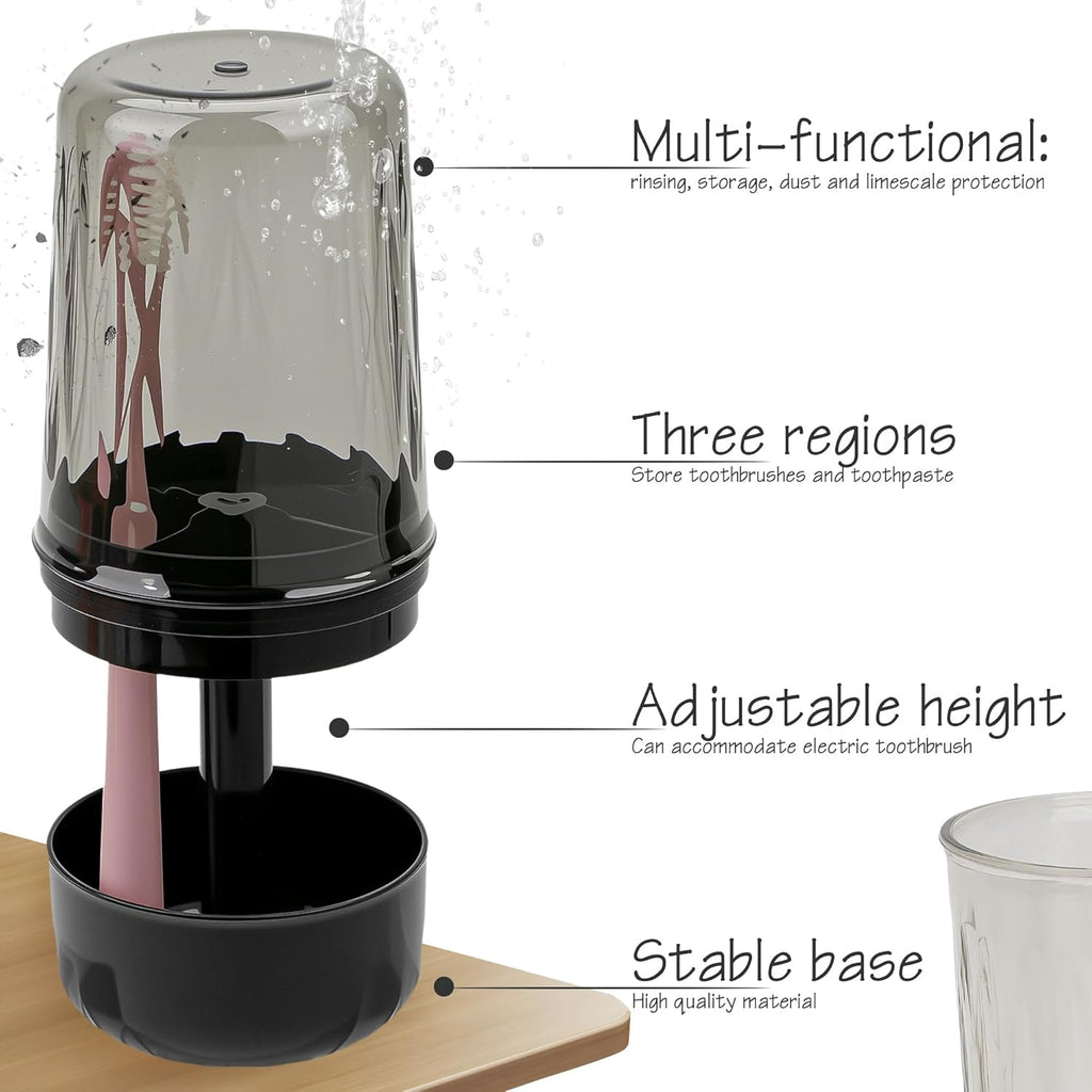 Toothbrush Holder Stand with Cup/Cover, Adjustable Height Toothbrush Organizer with 3 Slots, Portable for Bathroom, Travel, Camping (Black)