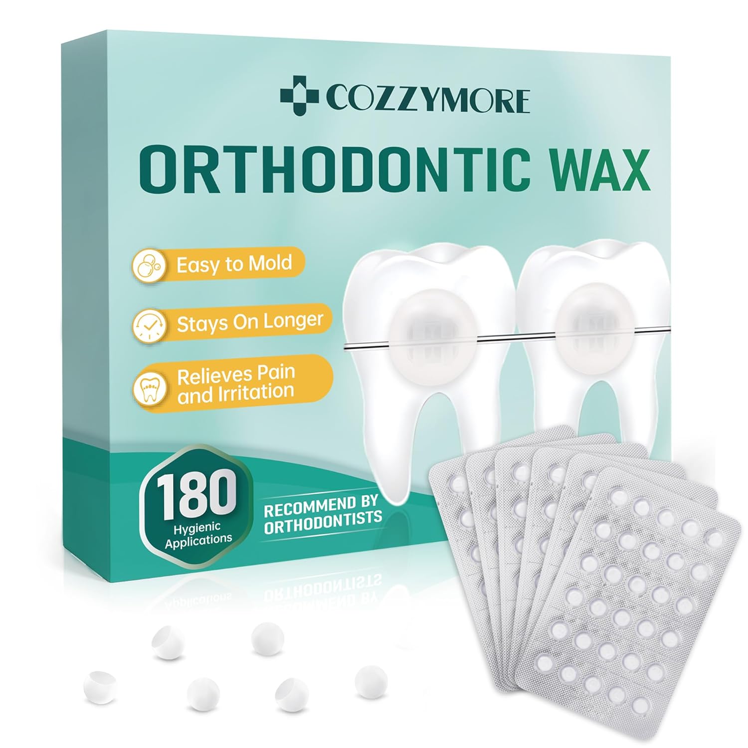 180 Orthodontic Wax for Braces Wax, Bowl-Shaped Design for Easy Molding Long-Lasting Hold, Food-Grade Dental Wax Individually Sealed Packets, Ortho Dots Clear for Braces, Portable and Easy to Tear