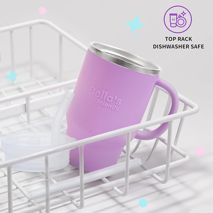 Bella's Friends Handy Mini Tumbler – Adorable 9 oz Toddler Sippy Cup, Stainless Interior & Silicone Body, Leak‑Proof, Dishwasher Safe, Gift for 1-3 Years Old Girls & Boys, 2 Pack, Lilac&Azure Blue
