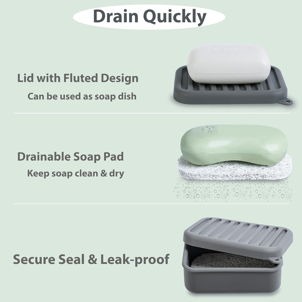 2PC Portable Leakproof Travel Soap Case, Silicone Travel Soap Case, Compact Soap Holder with Drainage Layer, Travel Soap Holder for Camping, Gym, Outdoor (Coral-Red&Deep-Gray)