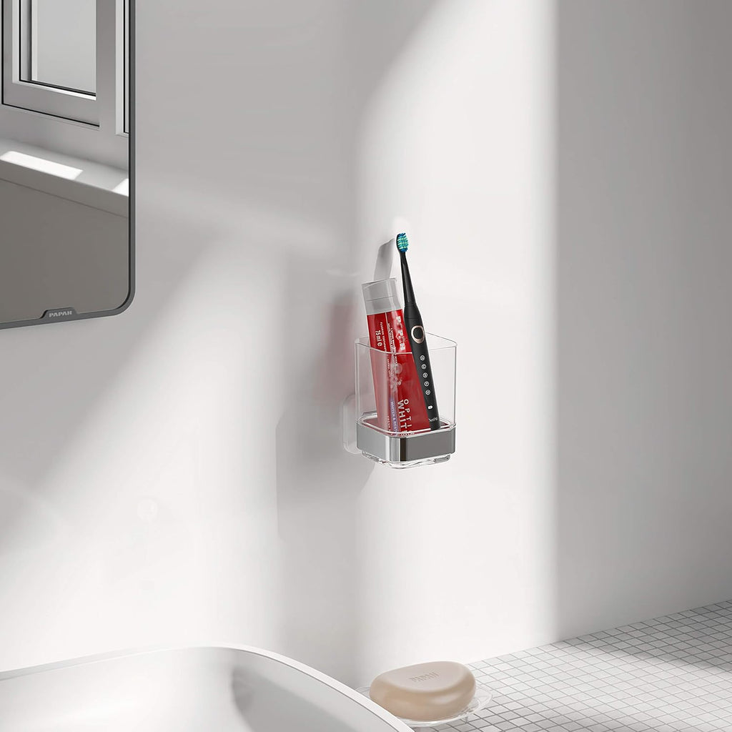 Wall-Mounted Tumbler and Toothbrush Holder, Wall Mounted Adhesive Hanging Electric Toothbrush Organizer Stand for Bathroom, No Drilling Required (White+Chrome, 3.93"X3.93"X2.97")