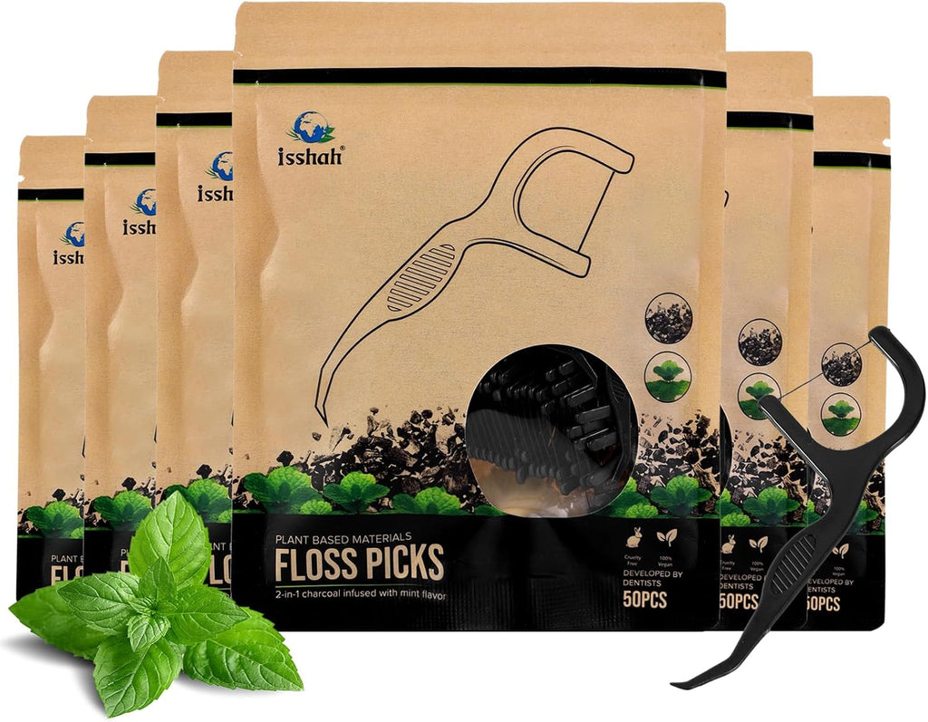 Floss Picks (300 Count) – Plant Based Dental Floss Picks for Superior Oral Care, Dental Hygiene, and Gum Health, Cruelty Free Tooth Floss Picks Single Thread (Charcoal)
