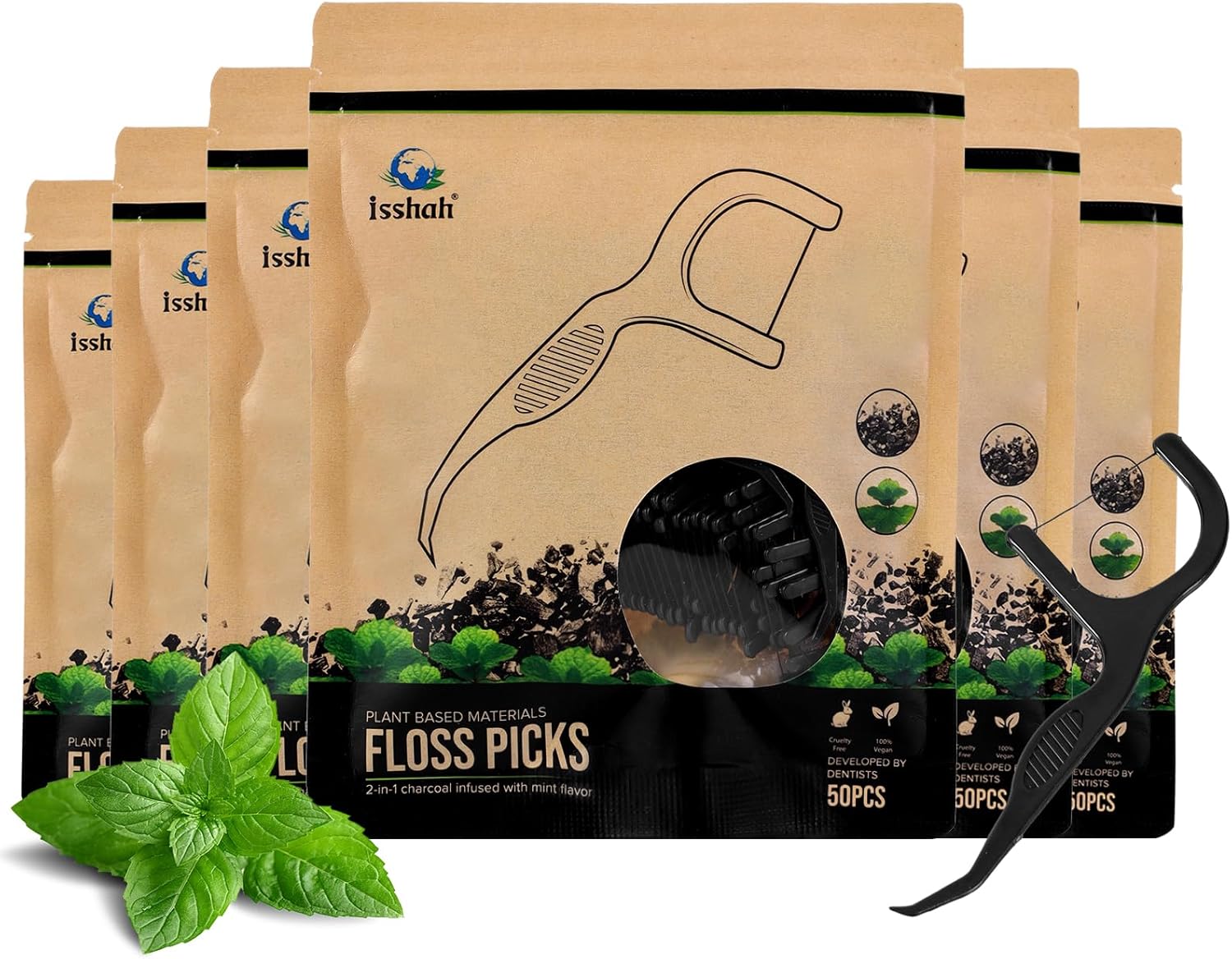 Floss Picks (300 Count) – Plant Based Dental Floss Picks for Superior Oral Care, Dental Hygiene, and Gum Health, Cruelty Free Tooth Floss Picks Single Thread (Charcoal)
