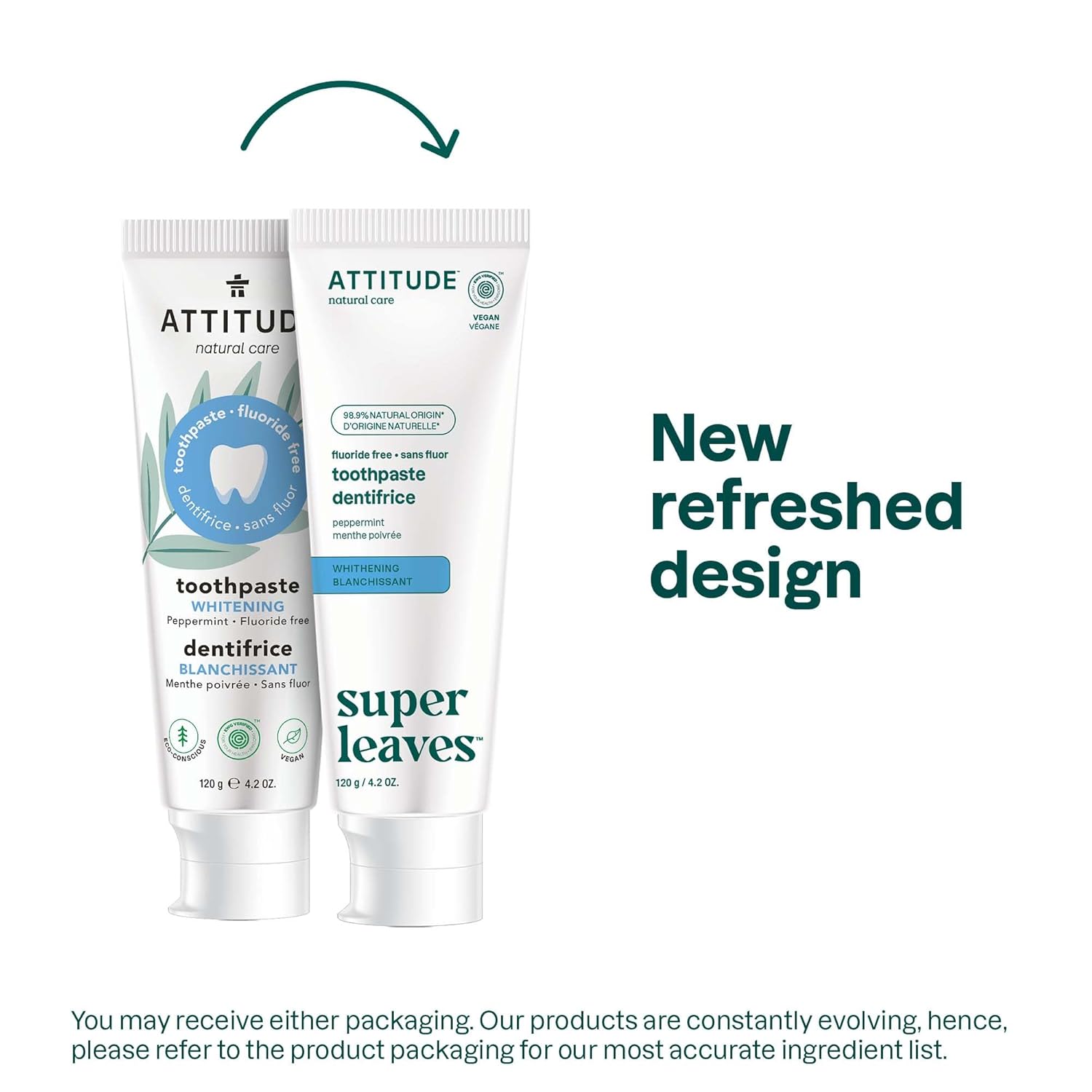 Attitude Fluoride-Free Whitening Toothpaste, Peppermint Flavor, Vegan & Cruelty-Free, Sugar-Free, Plant & Mineral-Based Ingredients, Clean Oral Care, 4.2 Oz