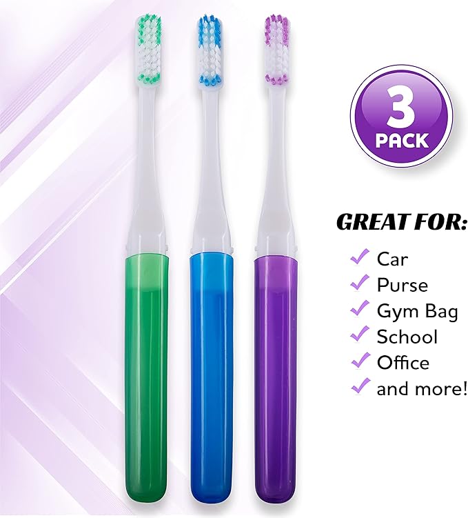 Lingito Mini Travel Toothbrushes with Cover - 3 Pack Firm, Portable, Adults Camping Toothbrush Kit