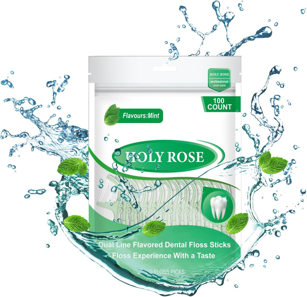 Holy Rose Mint Twin Line Dental Floss Picks - 300 Count Pack, Dual-Action Cleaning Teeth Tool Kit,for Adults Flosser Sticks, for Oral Removal Care Comfort Dental Floss Toothpick.
