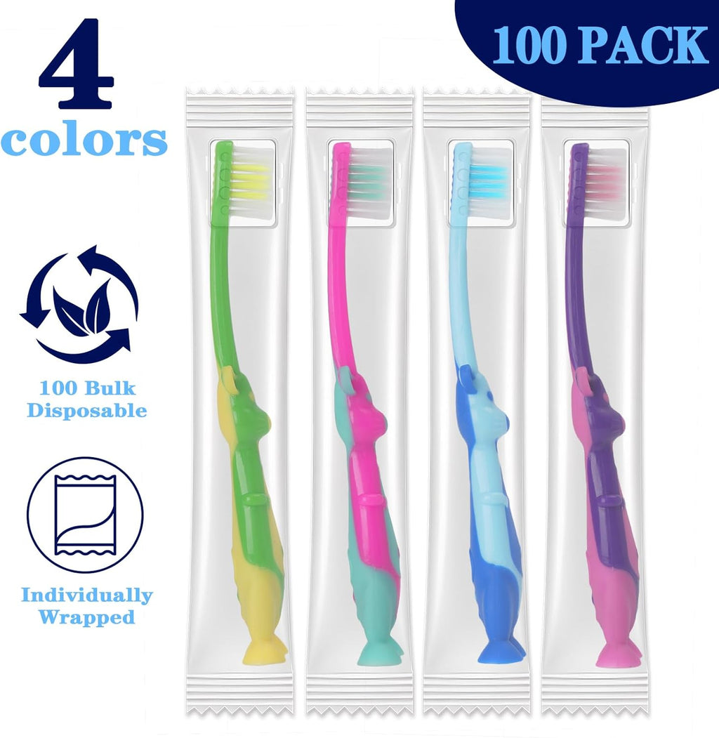 100 Pack Kids Toothbrush Bulk Soft Bristles Toddler Cute Toothbrush with Suction Cup, Includes Travel Covers, Individually Wrapped Toothbrushes for Kid Home School Daycare Camp (Kangaroo)
