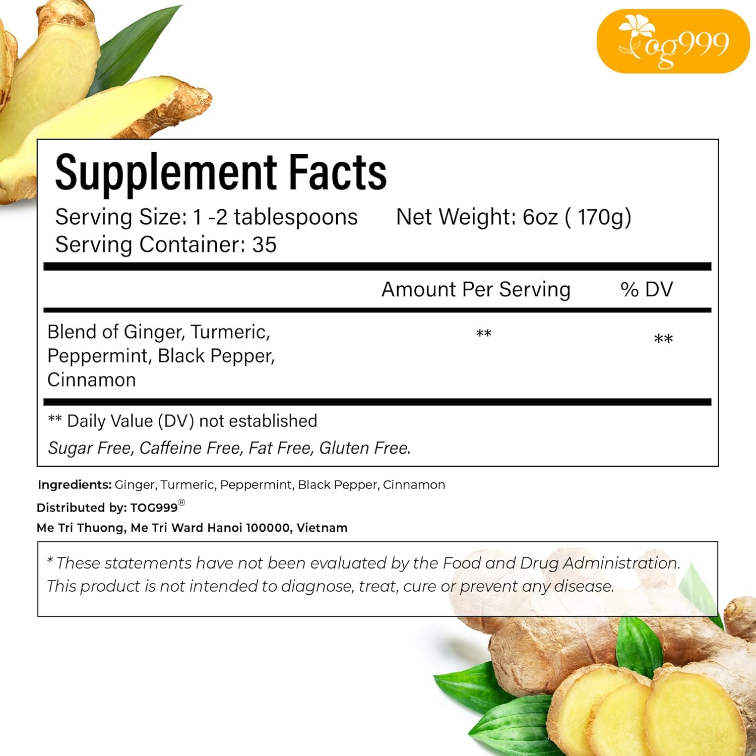 TOG999, 6oz/100 cups Anti-Inflammaheb Loose Leaf Tea | 100% Natural Blend of Ginger, Turmeric, Peppermint, Black Pepper & Cinnamon | Caffeine-Free, Sugar-Free, Gluten-Free, Vegan, Handcrafted