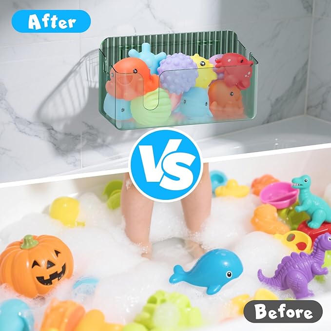 2-Pack Clear Bath Toy Storage Holder Organizer, Large Capacity Durable Plastic Bathtub Shower Caddy with Drain Holes, Quick-Dry Drainable Easy Install (Transparent Green 2-Pack)