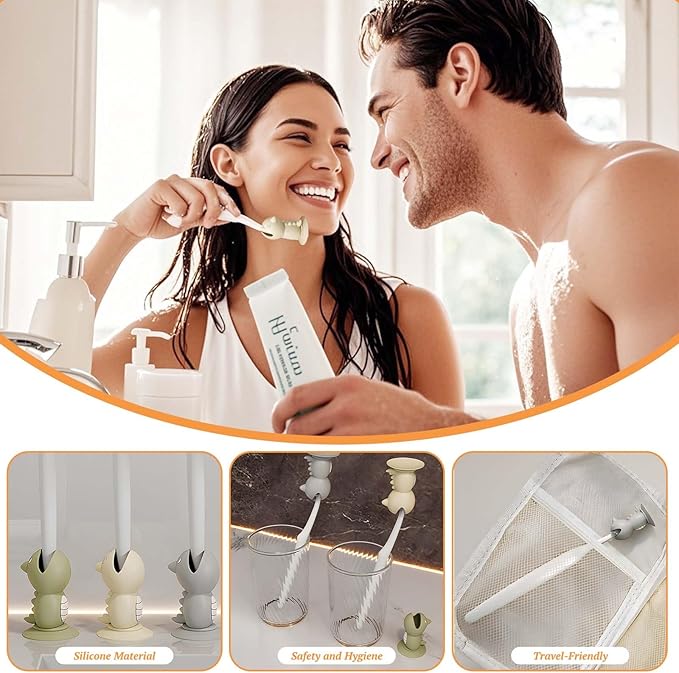 Mini Dinosaur Toothbrush Holder Stand with Suction Cup, Silicone Toothbrush Head Cover, Travel Protector, Bathroom Vanity Organizer for Adults Kids