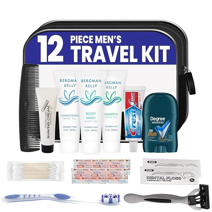Trektote Travel Toiletry Kit For Men – 12 Piece Set Of Travel Size Toiletries, TSA Compliant, Travel Essentials, Includes Shampoo And Conditioner, Body Wash, Toiletry Bag & More