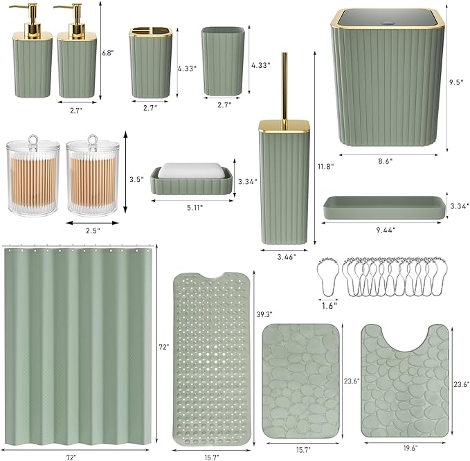 26PC Bathroom Accessories Set - Gorgeous Sage Green Bathroom Set, Bathroom Accessory Set, Shower Curtain Set with Bathtub Mats for Shower Tub, Trash Can & Soap Dispenser