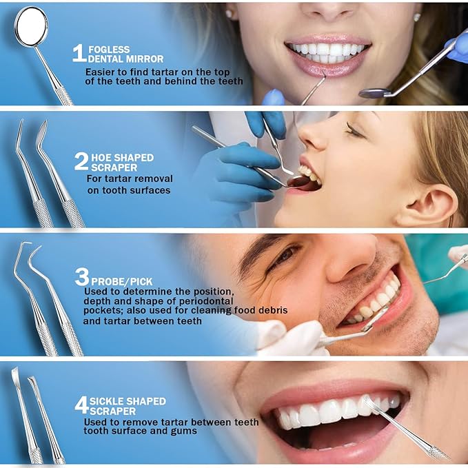Dental Tools, Teeth Cleaning Kit and teeth polishing paste All in One for Total Tooth Care, Removing Stains and Tartar and Polish Teeth, 5 Stainless Steel tools for teeth cleaning 6 paste for polish