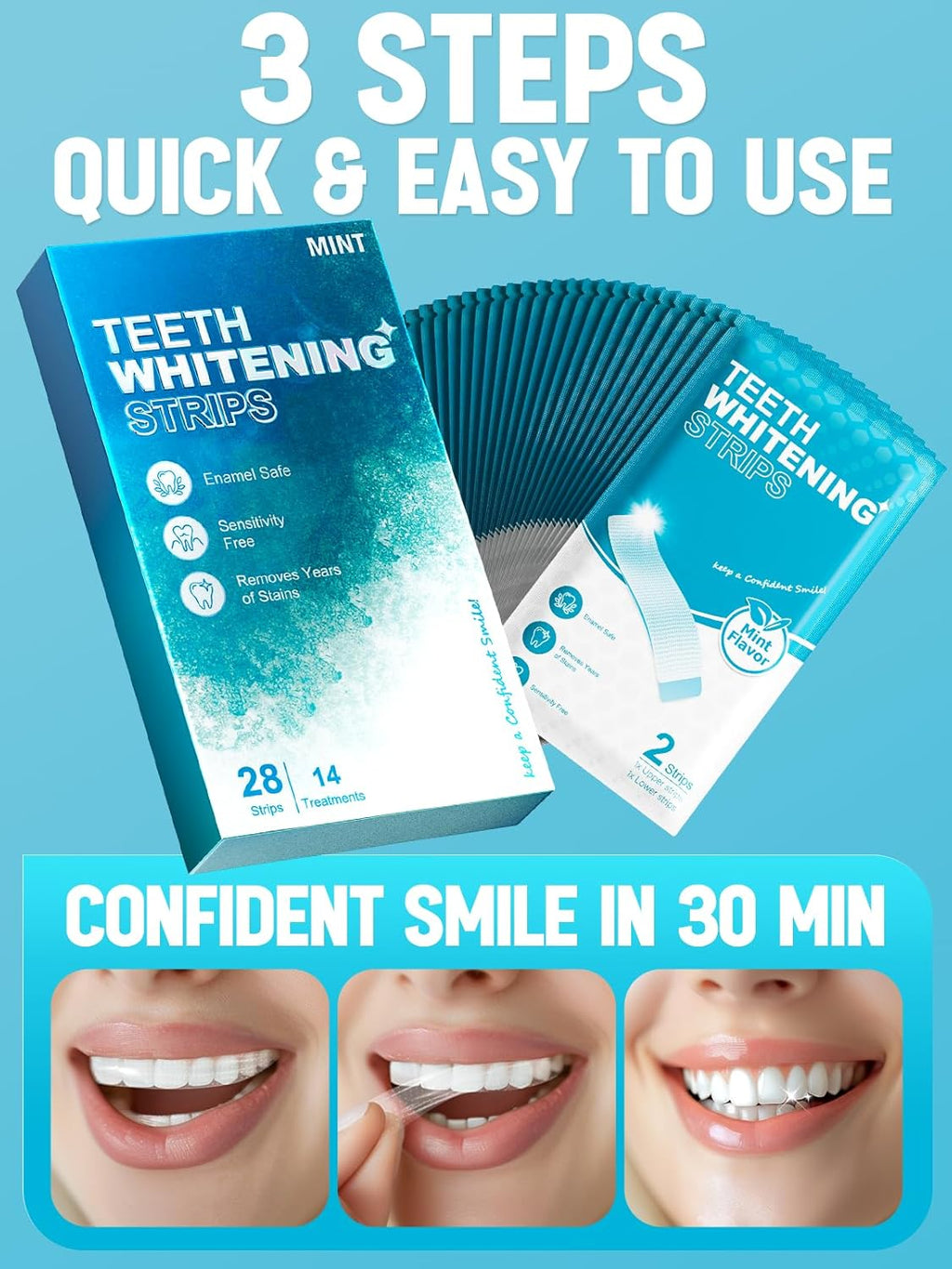 Oralfree Natural Teeth Whitening Strips - Sensitive Teeth Whitener - Enamel Safe Teeth Whitening Kit with Hydrogen Peroxide for Coffee, Wine, Tobacco, and Other Stains, 28 Strips (14 Treatment), Mint