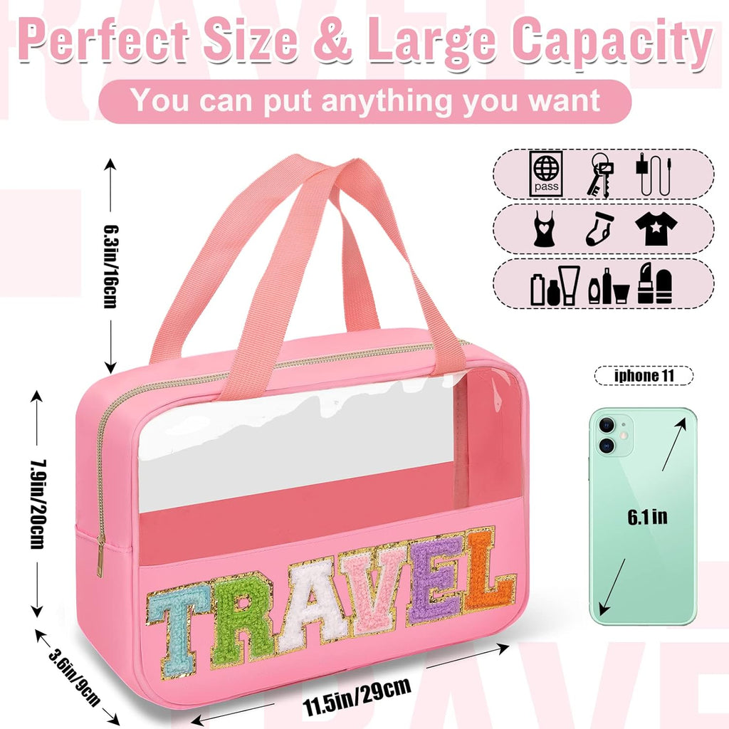 Preppy Clear Travel Makeup Bags with Chenille Letter Patches, Travel Essentials Large Clear Make up Bag Zipper Pouch with Handle, Waterproof Nylon Cosmetic Toiletry Storage Tote for Women(TRAVEL-Pink)