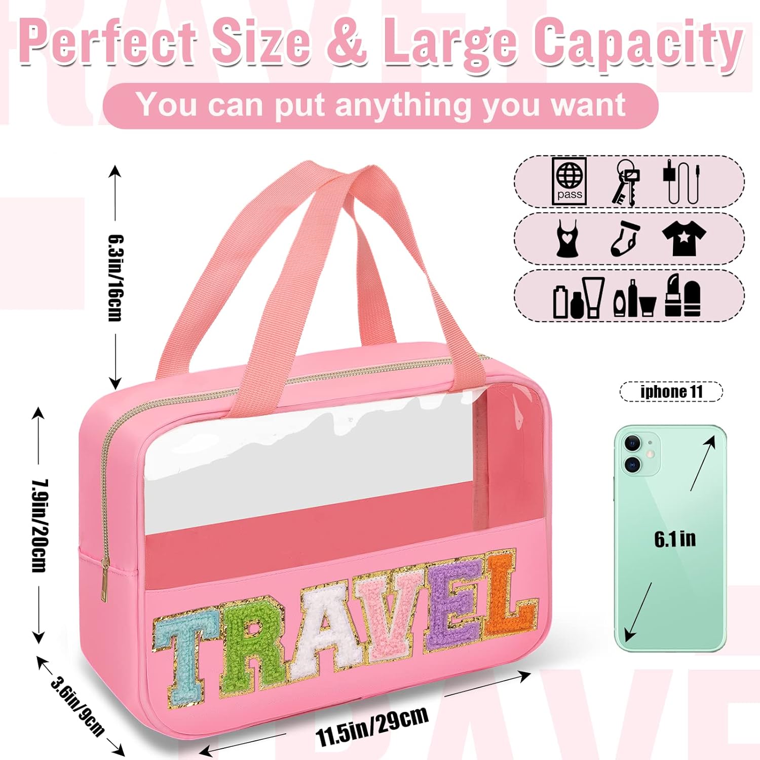 Preppy Clear Travel Makeup Bags with Chenille Letter Patches, Travel Essentials Large Clear Make up Bag Zipper Pouch with Handle, Waterproof Nylon Cosmetic Toiletry Storage Tote for Women(TRAVEL-Pink)