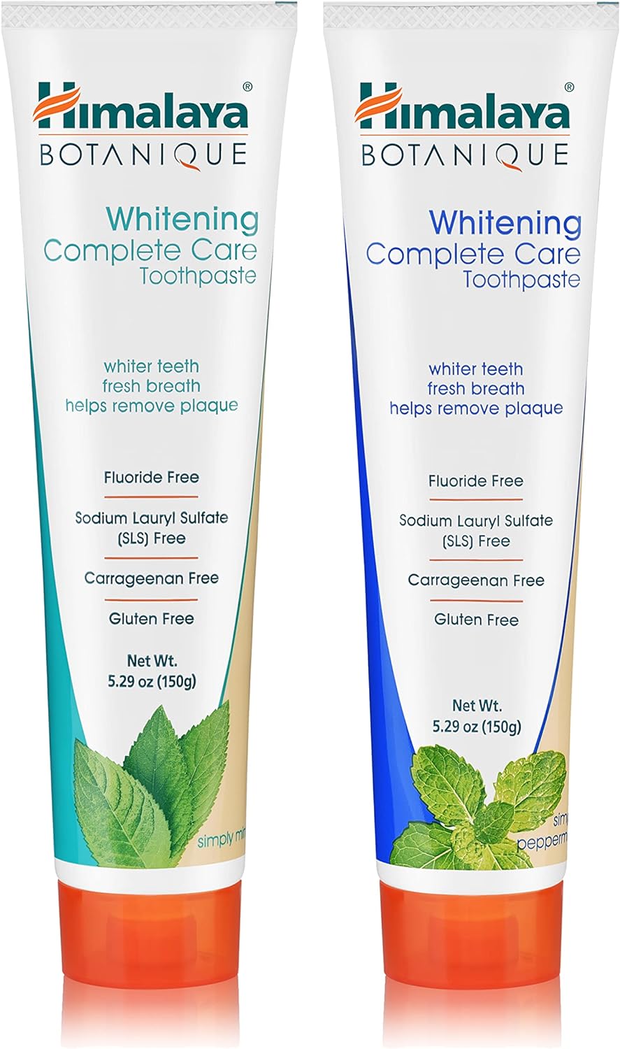 Himalaya Botanique Whitening Complete Care Toothpaste, Mint and Peppermint Flavors - Whitening Toothpaste Without Fluoride for Brighter Teeth & Fresh Breath - Vegan, Gluten Free, 5.29 oz (Pack of 2)