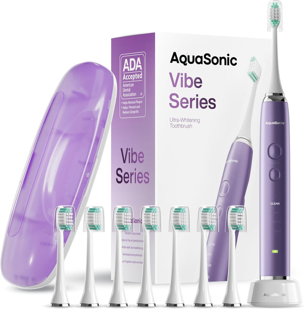 Aquasonic Vibe Series Ultra-Whitening Toothbrush – ADA Accepted Electric Toothbrush - 8 Brush Heads & Travel Case – 40,000 VPM Motor & Wireless Charging - 4 Modes w Smart Timer – Satin Violet