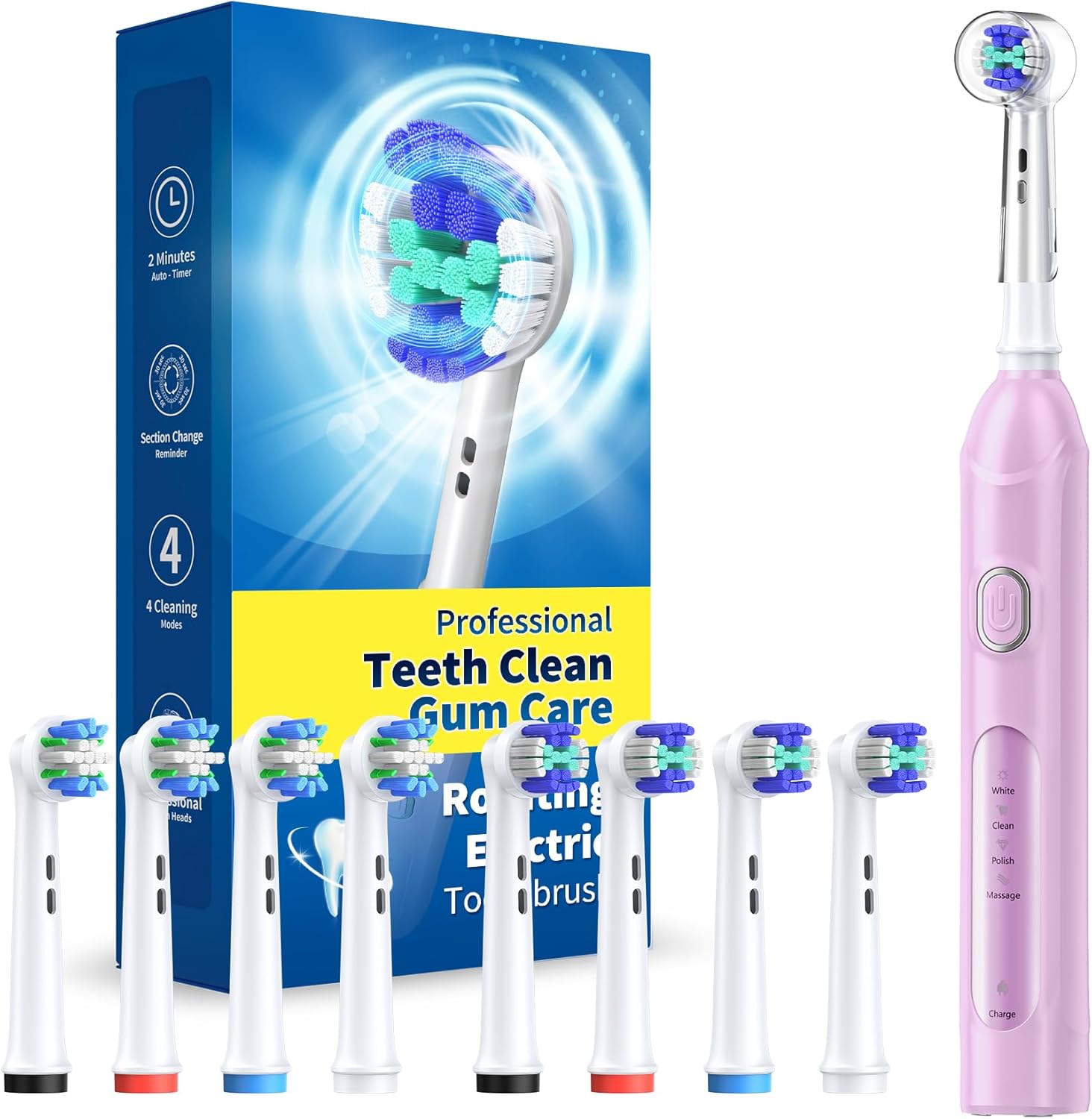 TEETHEORY Rotating Electric Toothbrush for Adults with 8 Brush Heads (2 Types), 4 Modes Deep Clean Electric Toothbrush with Rechargeable Power and 2 Min Smart Timer (6-Purple, p1)