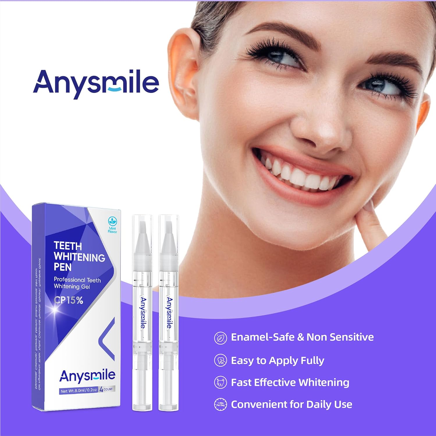 Teeth Whitening Pens Non Sensitive Teeth Whitener Gel with Effective 15% Carbamide Peroxide, 4 Professional Tooth Whitening Gel Pens 2ml/Pen
