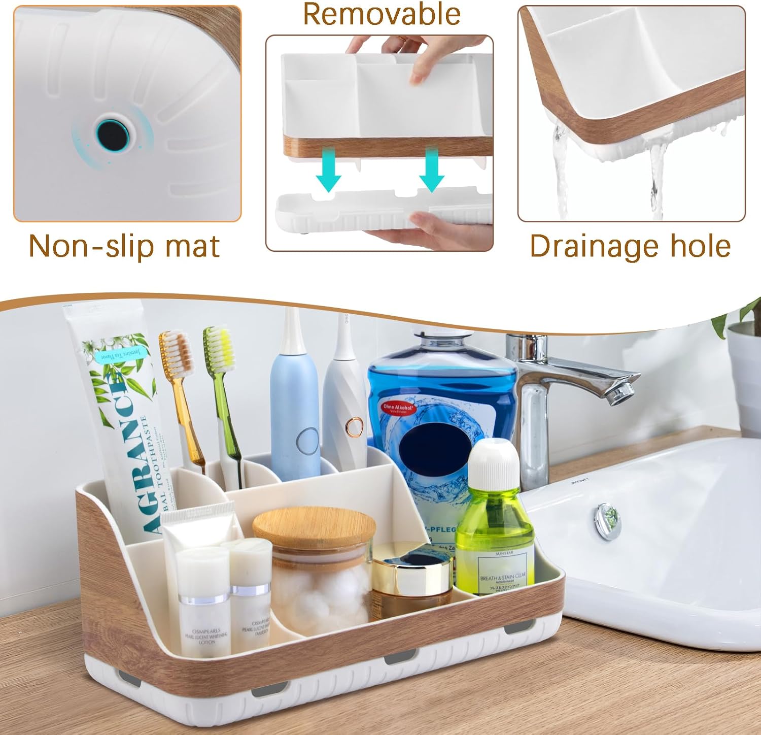 Bathroom Countertop Organizer - Detachable 7 Slots Kids Electric Toothbrush and Toothpaste Holde Drainage for Bathroom Accessories Organization Counter Vanity Storage, Woodgrain