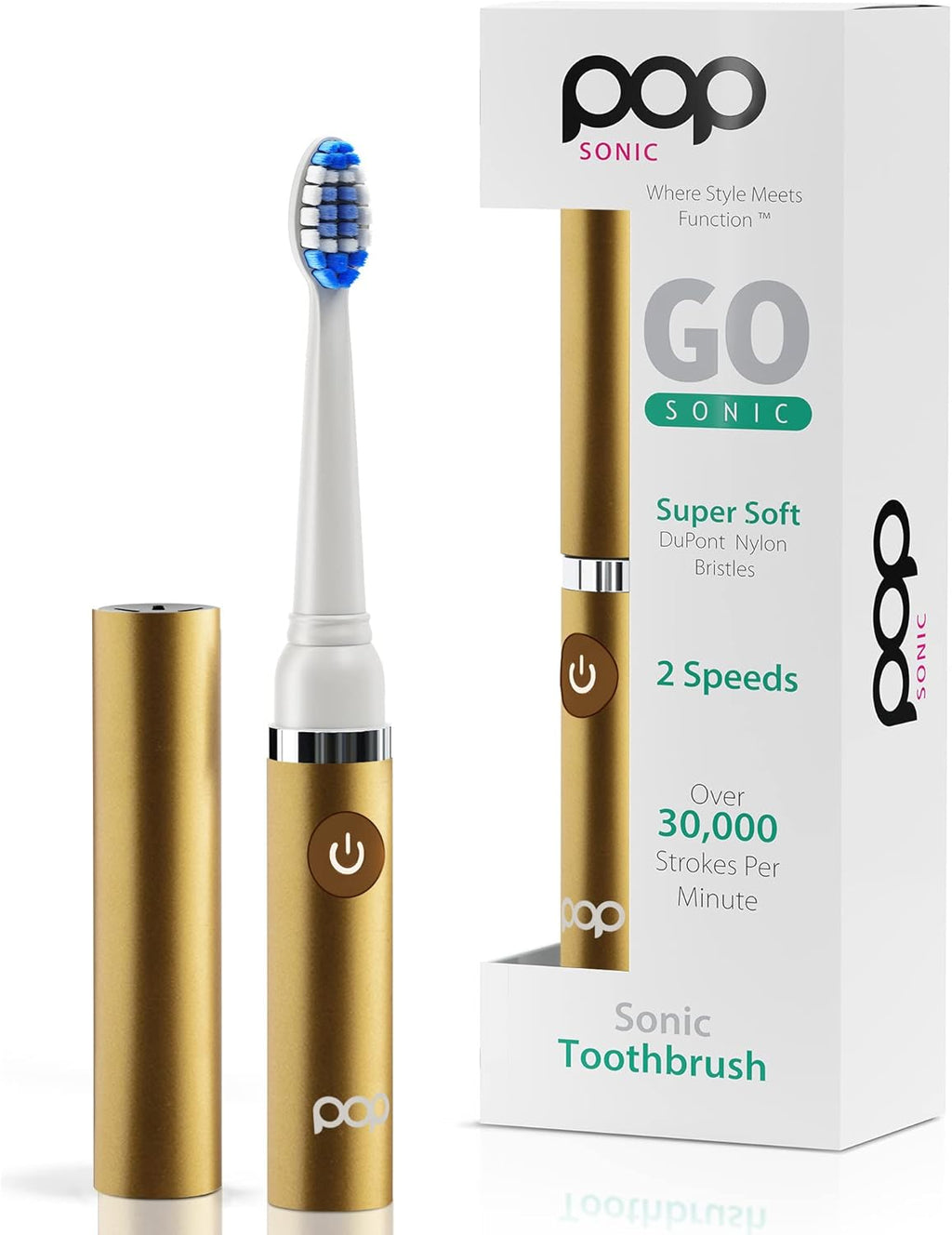 Pop Sonic Electric Toothbrush (Metallic Gold) - Travel Toothbrushes w/AAA Battery | Kids Electric Toothbrushes with 2 Speed & 15,000-30,000 Strokes/Minute, Dupont Nylon Bristles