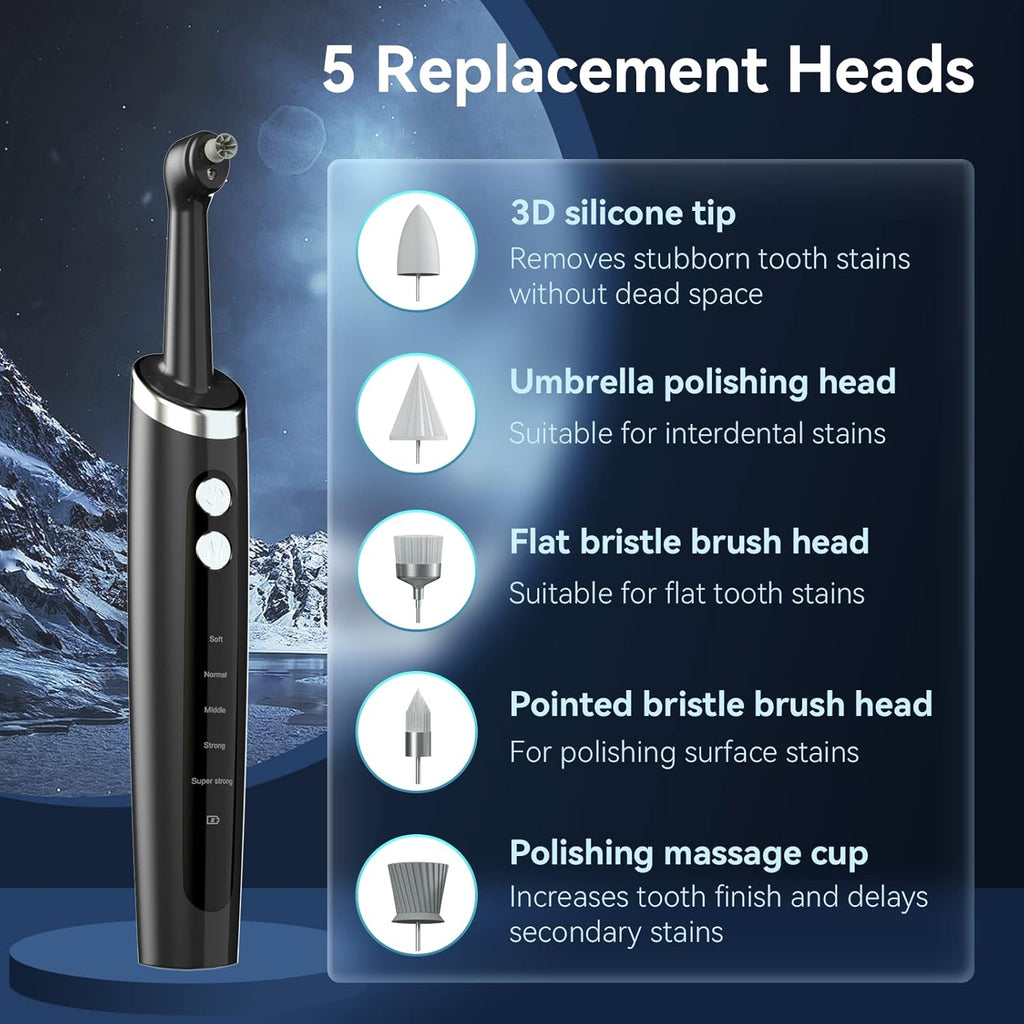 Tooth Polisher Rechargeable,Tooth Buffer Polisher with 5 Replacement Heads & Cleaning Modes, USB Rechargeable, Ipx6 Waterproof, Teeth Black Stain Remover for Adults & Kids Black