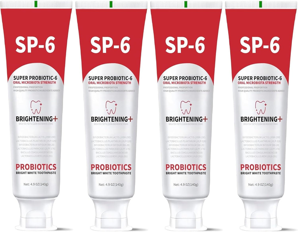 SP-6 Probiotic Whitening Toothpaste, Enhanced Formula with 6 Probiotics for Teeth Whitening and Gum Health, Enamel-Safe, Fluoride-Free, Fresh Mint Flavor, 4.6oz (4)