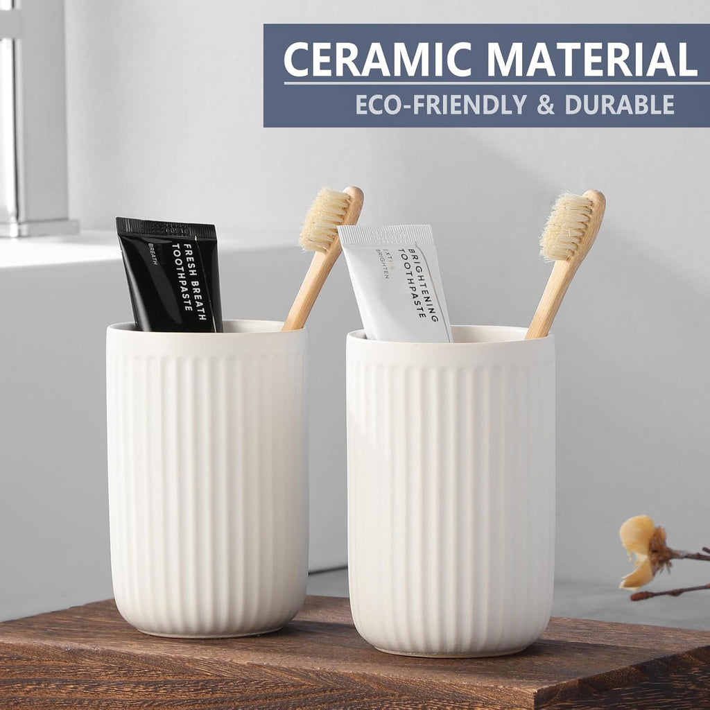 White Toothbrush Holders for Bathrooms - 2 Cups Ceramic Toothbrush Toothpaste Holders Set, White Bathroom Tumbler Cups Reusable Toothbrush Mouthwash Cup, Bathroom Counter Organizer.