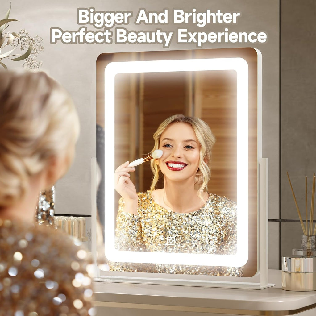PRIMETEK Vanity Mirror with Lights, 19"x22" Large Makeup Mirror with Lights, LED Lighted Makeup Mirror, Touch Screen with 3-Color Lighting, Dimmable for Vanity Desk Tabletop, Bedroom, White