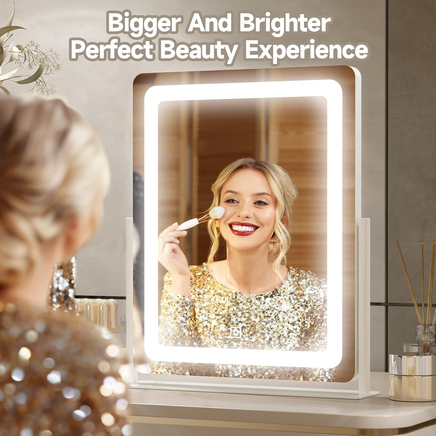 PRIMETEK Vanity Mirror with Lights, 19"x22" Large Makeup Mirror with Lights, LED Lighted Makeup Mirror, Touch Screen with 3-Color Lighting, Dimmable for Vanity Desk Tabletop, Bedroom, White