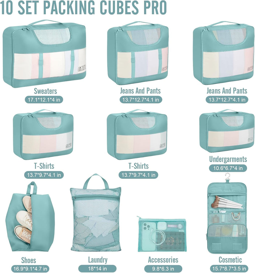 Veken 10 Set Packing Cubes for Travel Essential, Suitcase Organizer Bags in 4 Sizes, Carry-On Luggage Accessories with Large Laundry & Hanging Toiletry Bag, Must-Have for Airplane, Road Trip & Camping