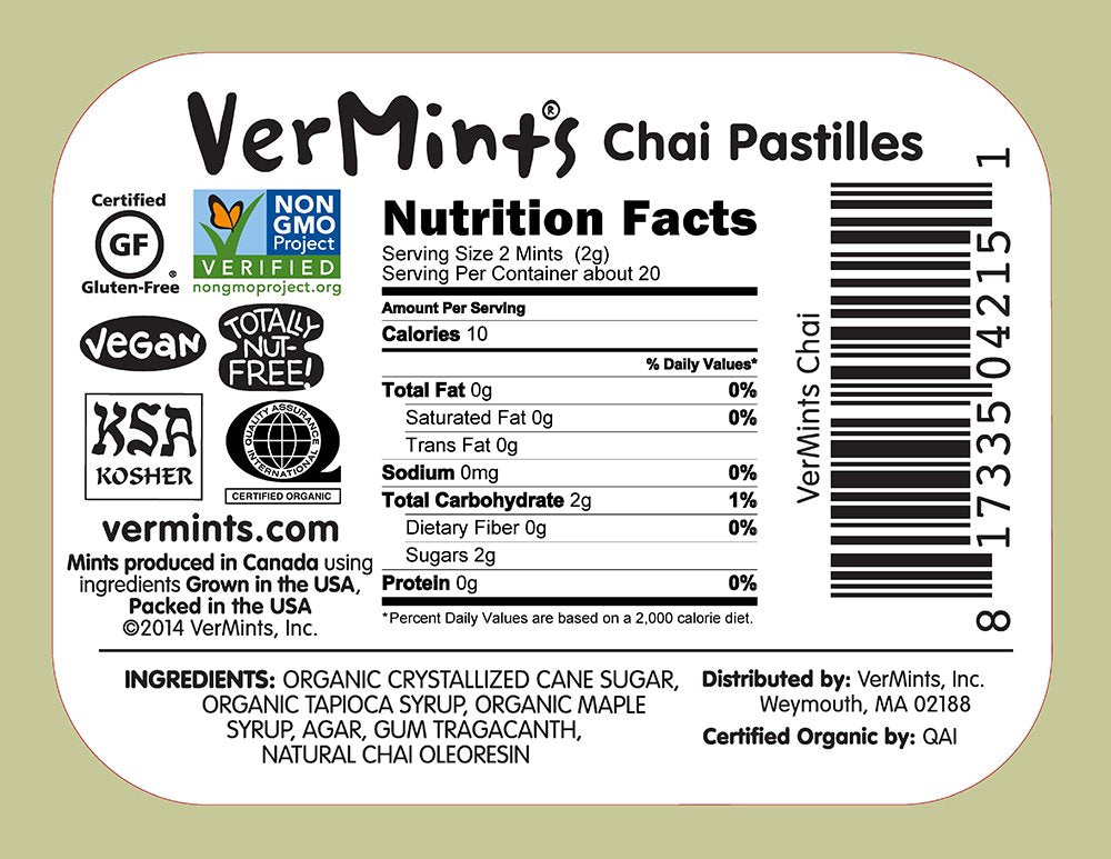 VerMints Organic Breath Mints - Real, Lasting Chai Flavored Pastilles - Breath Fresheners in Travel Mint Tins - Non-GMO, Nut Free, Gluten Free, Kosher & Vegan Candy - 1.41oz (Pack of 6)