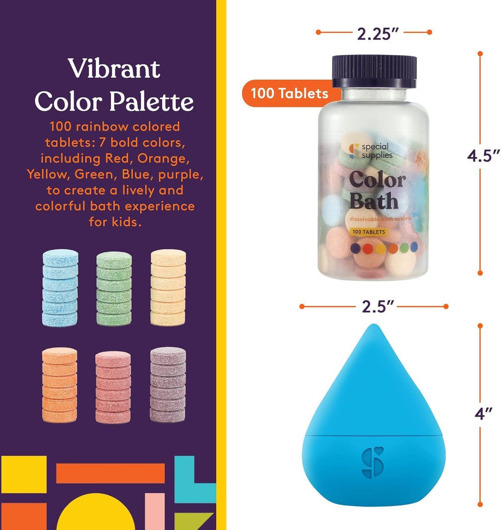 Special Supplies Color Bath Tablets for Kids, 100-Count, Dissolvable, Water Color-Changing Fun, Non-Staining Dye, Cute Toy Included