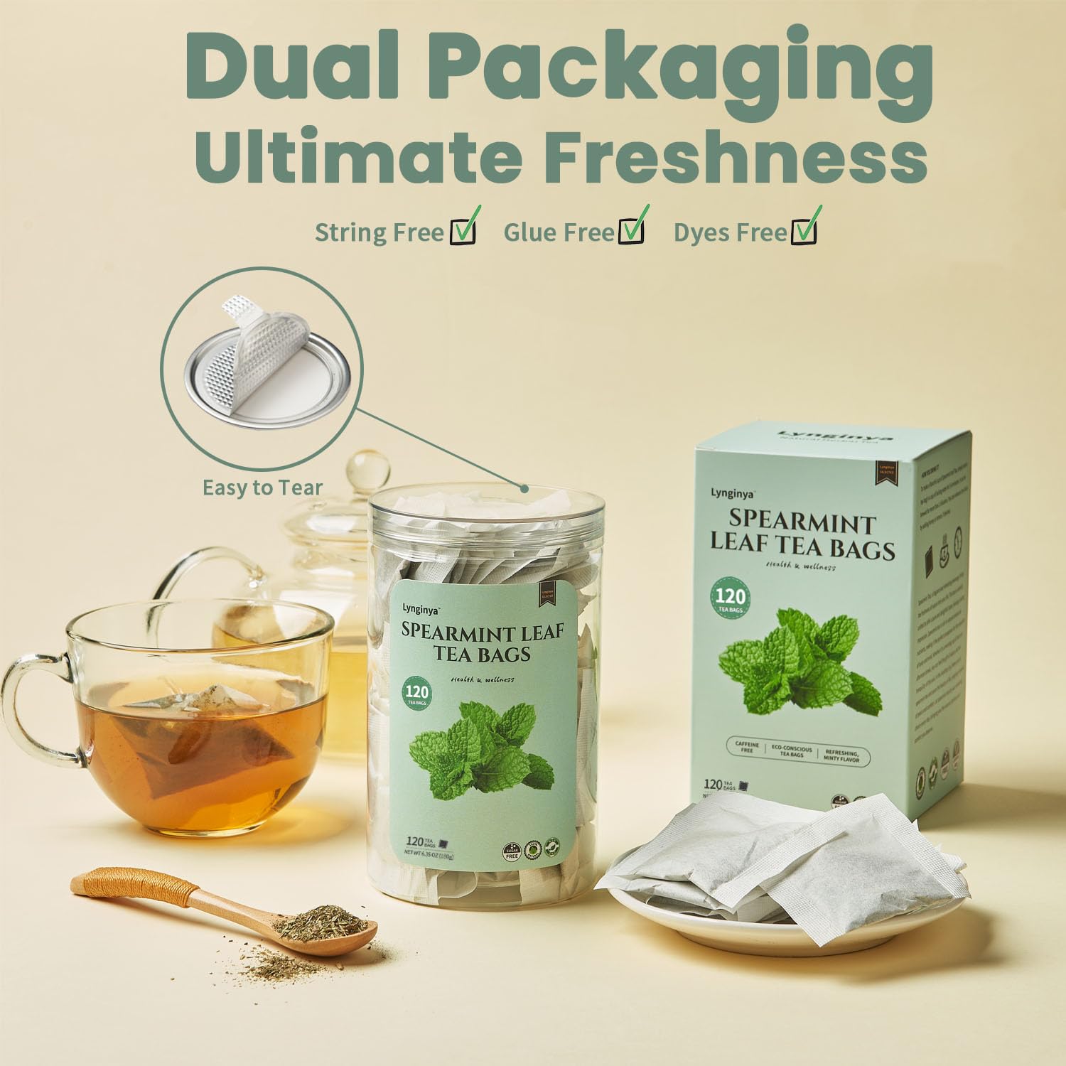Lynginya Spearmint Tea, 120 Tea Bags - Premium Spearmint Leaves - Natural Herbal Tea - Refreshing & Minty - No Sugar & No Caffeine