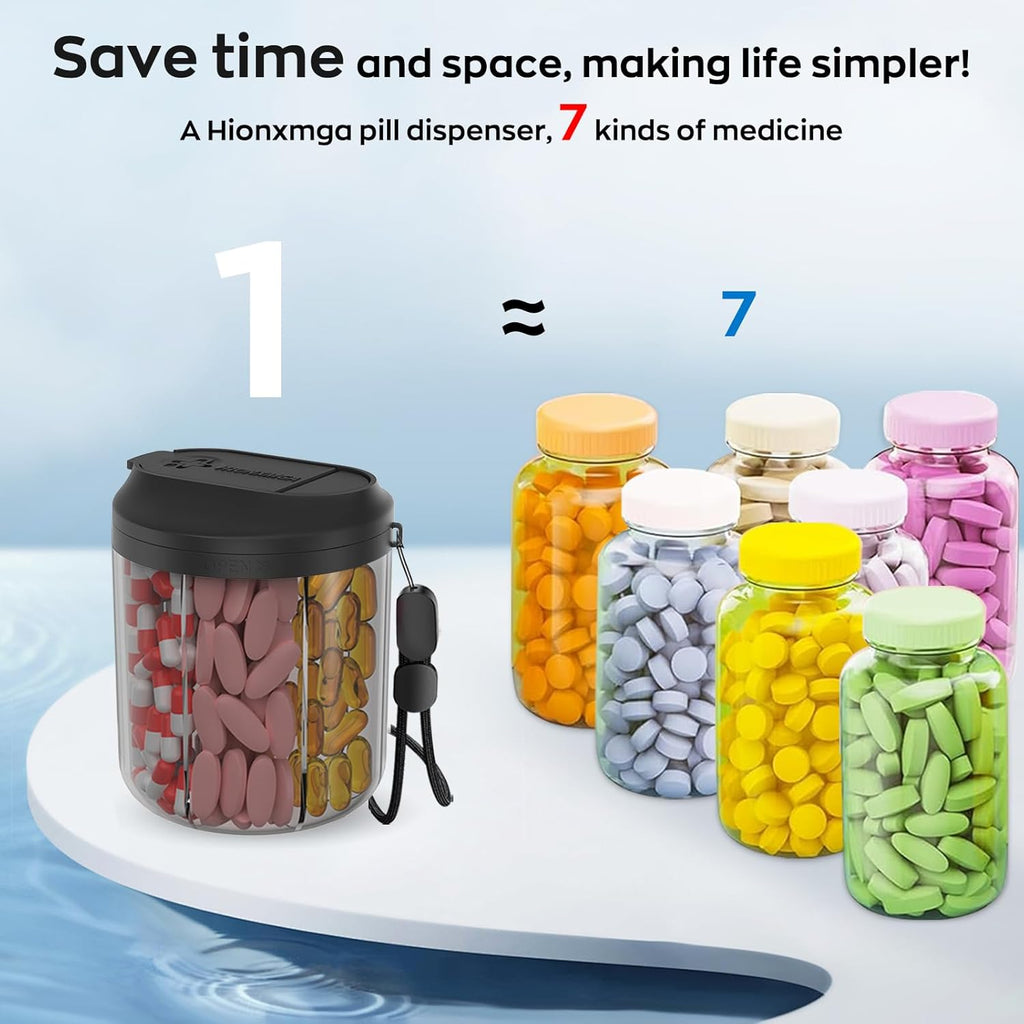 Pill Dispenser with 7 Large Compartments, Pill Bottle Organizer for Travel, Supplement Organizer with Anti-Mixing Design, BPA-Free Pill Container with 20 Pcs Labels, Black 2pcs