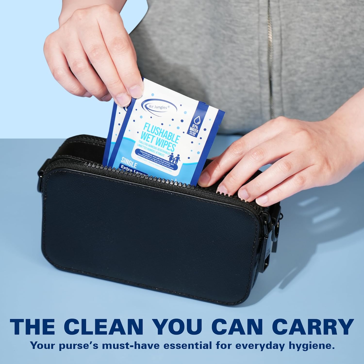 Air Jungles Flushable Wipes Individually Wrapped 50 Count (Pack of 2), with Aloe Vera & Vitamin E, Travel Size Wet Cleansing Wipes for Adult, Fresh Scent, Alcohol Free - XL 7 × 7 in