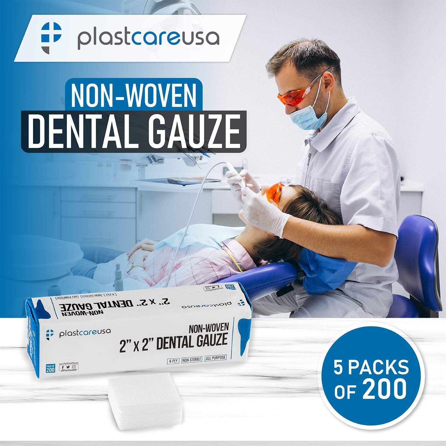 1000 Count 2x2 Gauze Pads - Soft 4-Ply Non Woven Sponges - Non Sterile Dental & Esthetic Wipes - All Purpose Medical Gauze Squares for First Aid, Surgical, Wound Dressing (5 Packs of 200)