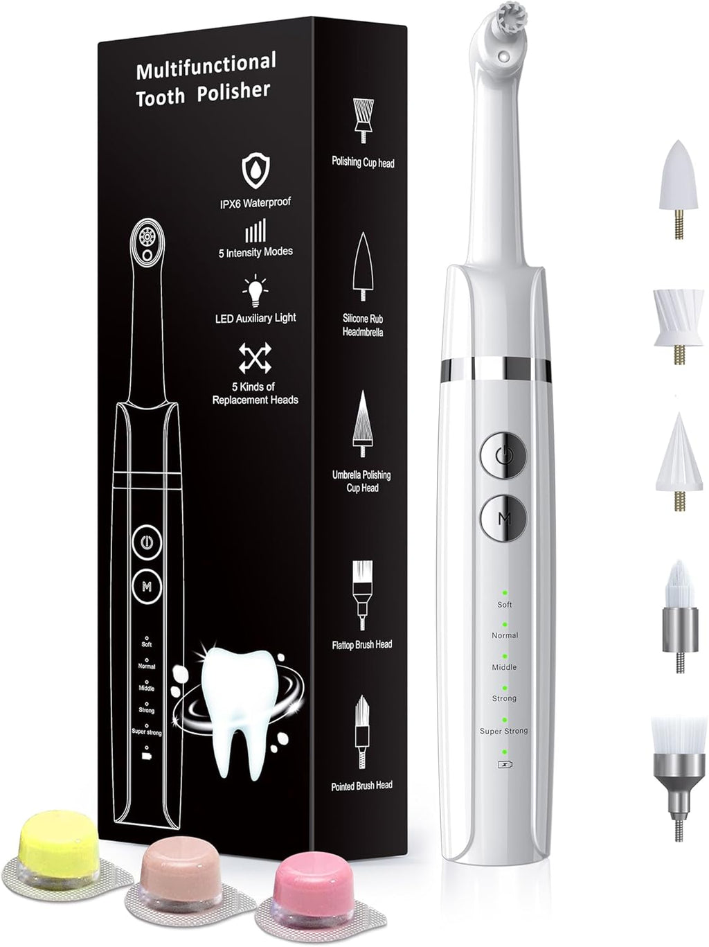 Tooth Polisher, Rechargeable Tooth Whitening Kit for Teeth Cleaning and Whitening, with 3 Tooth Polish Paste and 5 Brush Heads, LED Light, Easy to Use at-Home Personal Dental Care Kit