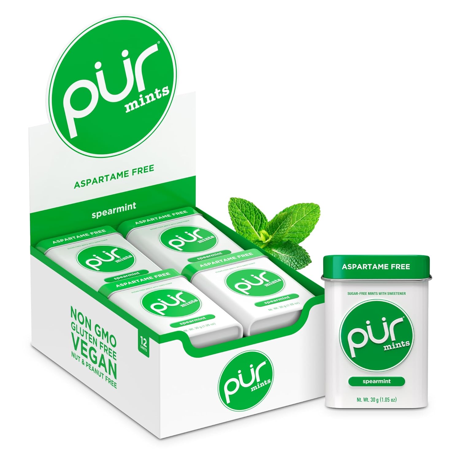 PUR Mints | Aspartame-Free | Made with Xylitol | Sugar-Free, Vegan, Gluten-Free & Keto Friendly | Natural Spearmint Flavor, 30 Pieces (Pack of 12)