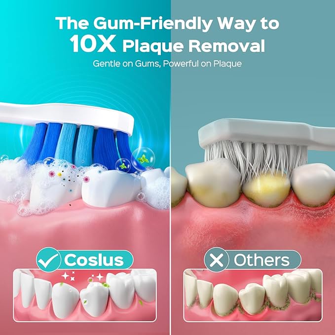 COSLUS Sonic Electric Toothbrush for Adults & Kids: 3 Intensities 5 Modes Gum-Friendly for Deep Cleaning & Whitening - 2 Types of Heads for Family, Sensitive Teeth, Braces, Travel & Home Use, Green