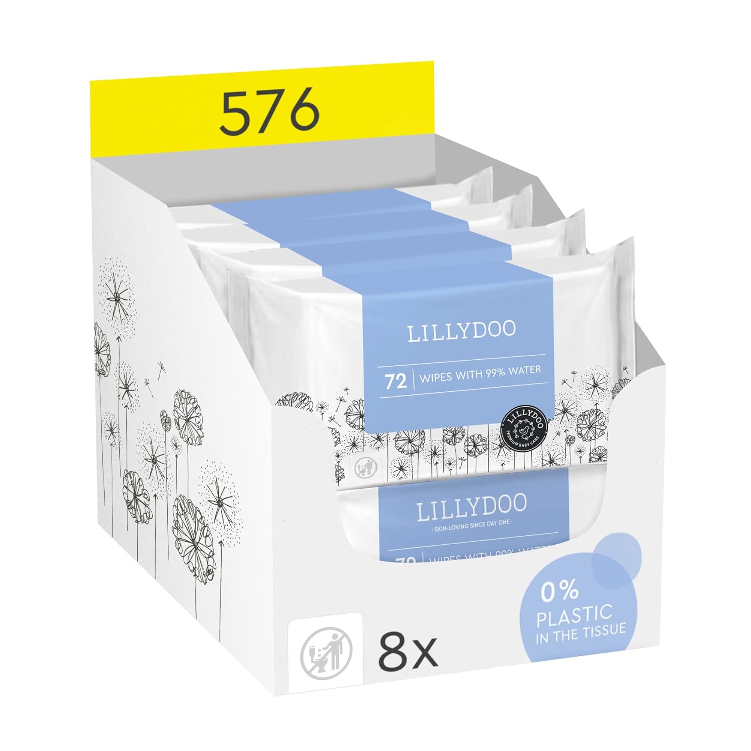 LILLYDOO Baby Wipes with 99% Water – Unscented, Hypoallergenic, Plant-Based, Strong & Plastic-Free, Compostable, 8 resealable Packs x 72 (576 Wipes Total)