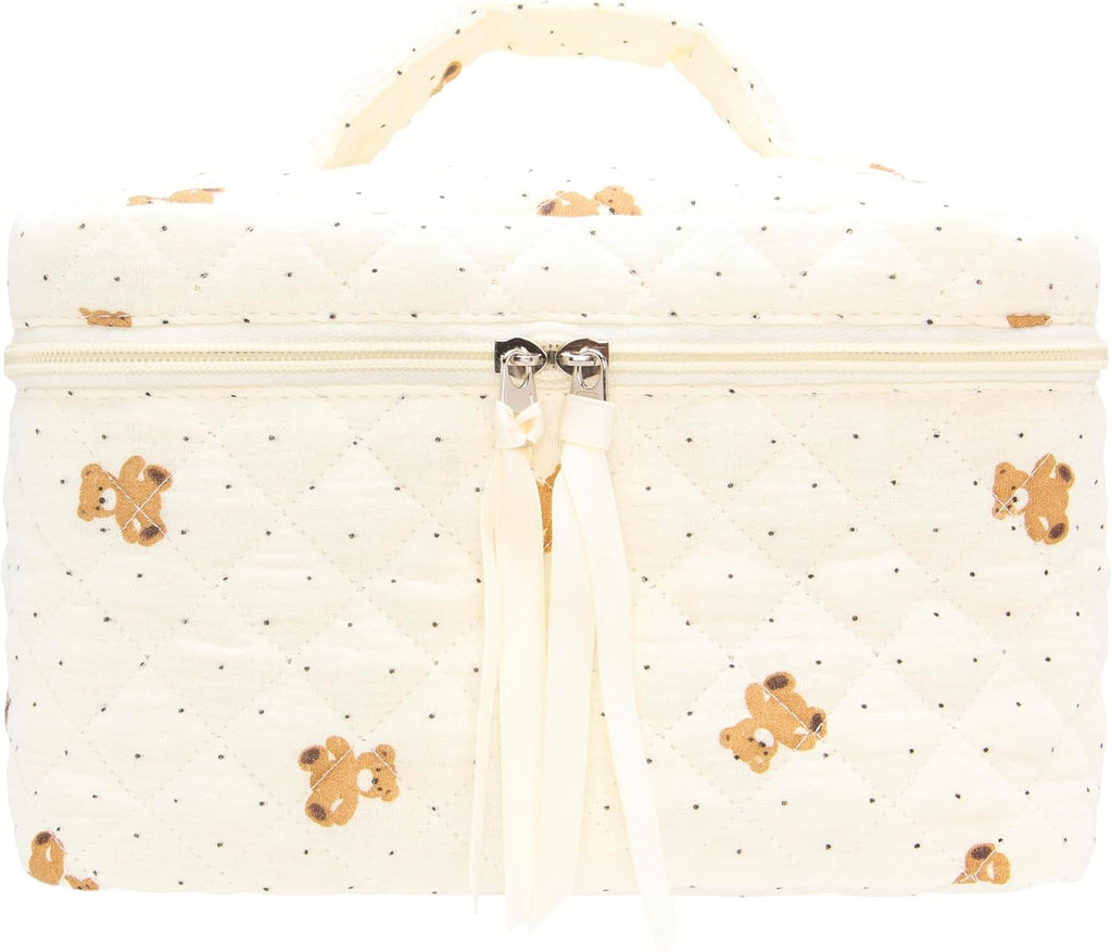 PAZIMIIK Quilted Makeup Bag Large Travel Zipper Soft Cosmetic Case for Women Girls Make Up,Gauze Bear