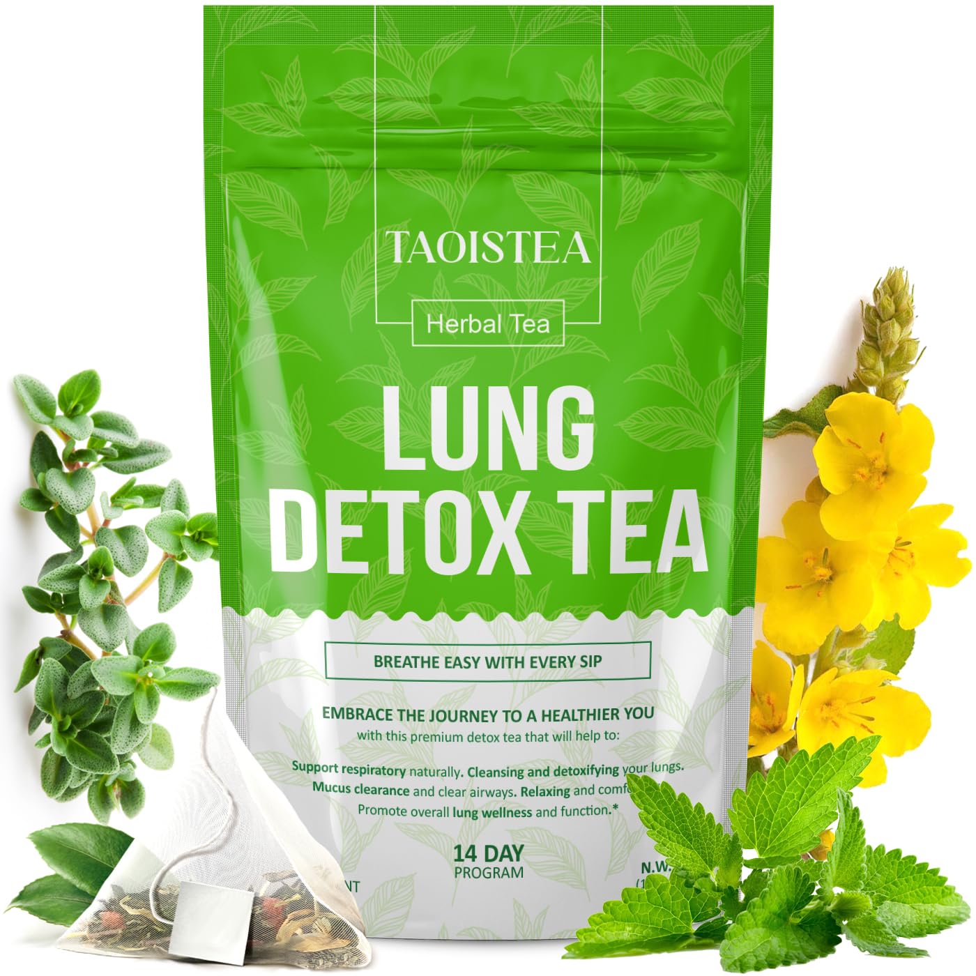 Lung Detox Tea - Mullein Tea Bags for Lungs Cleanse and Respiratory Health with Mullein Leaf, Lungwort, Eucalyptus, Thyme, Liquorice, Spearmint - 14 Tea Bags Natrual Herbal Tea, Caffeine Free