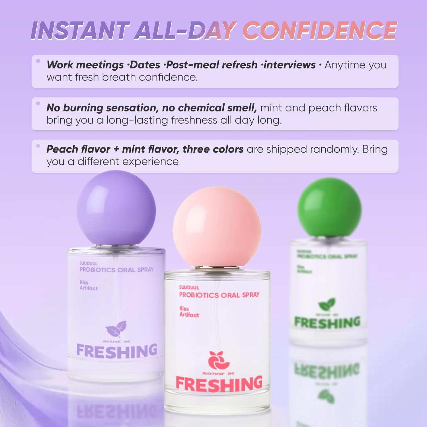 Probiotic Oral Spray, Mint & Peach Flavor Combo, Breath Spray with Prebiotics and Probiotics, Long-Lasting Freshness, Alcohol-Free, Convenient Travel-Sized, 25ml/0.85oz